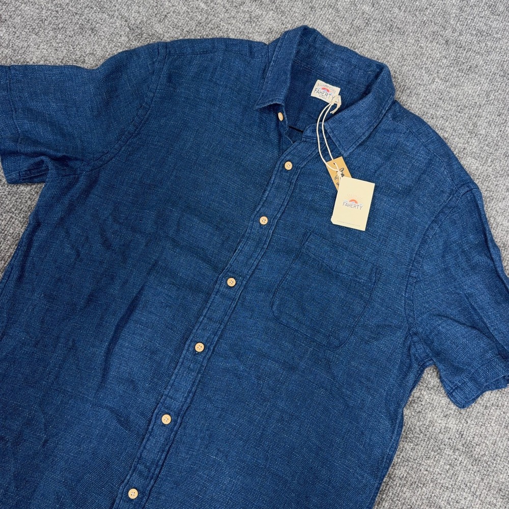 Faherty Shirt Men Large Blue Short Sleeve Linen Laguna Indigo Basket Weave NEW